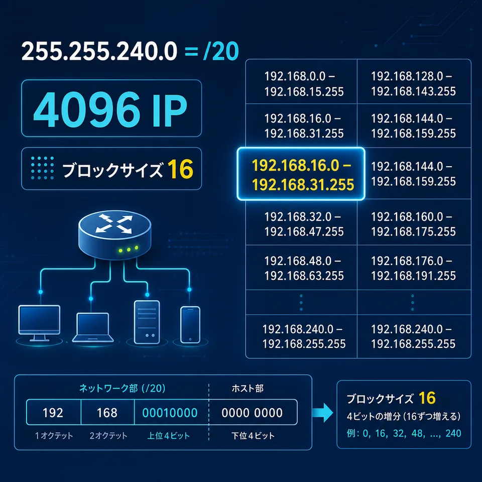 255.255.240.0がCIDR /20で4096個のIP範囲を持つことを示すネットワーク図