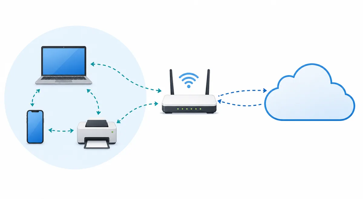 パソコンやスマートフォンからルーターを経由して外部ネットワークへ接続するデフォルトゲートウェイの概念図