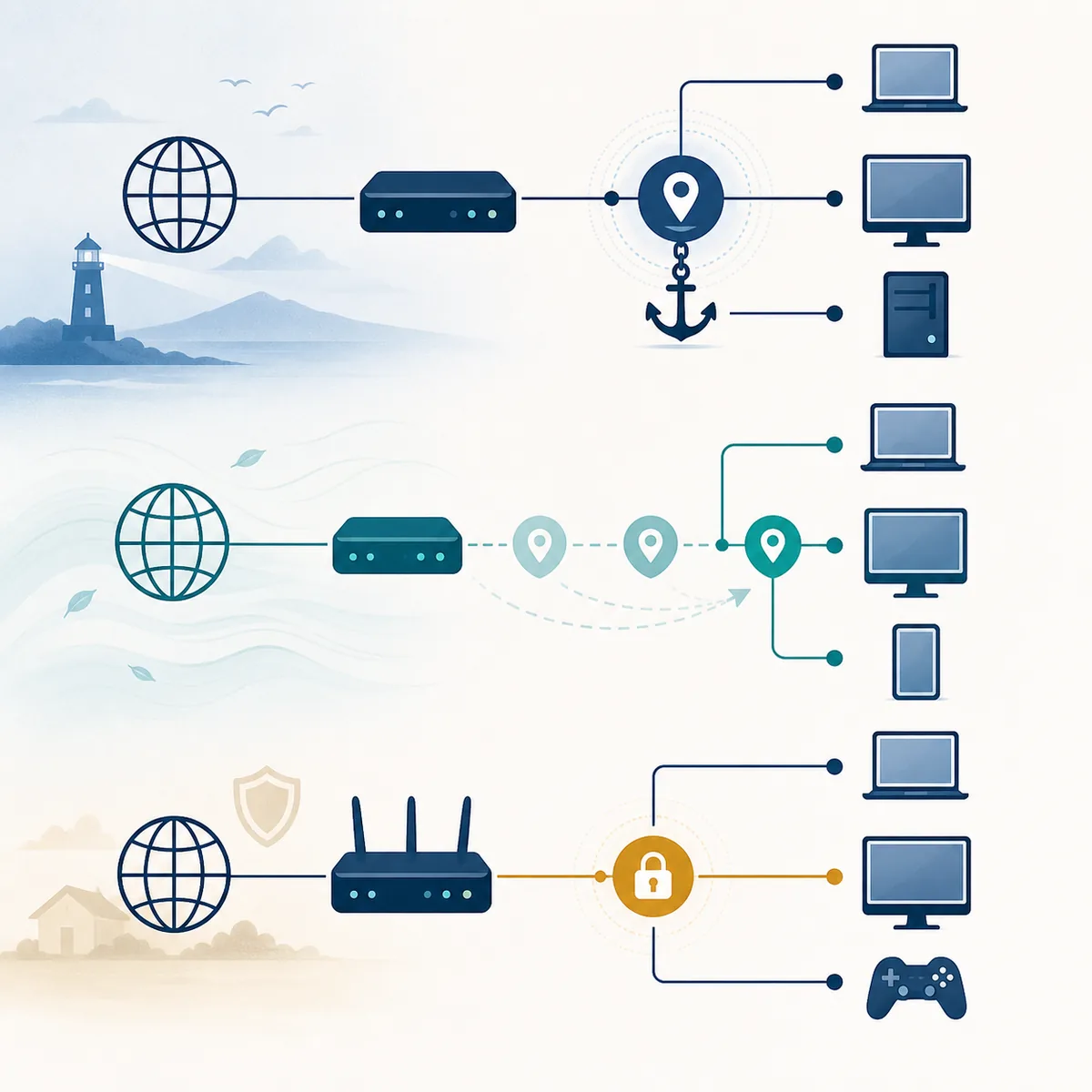 固定IP、動的IP、DHCP予約を用途と管理方法で比較する概念図