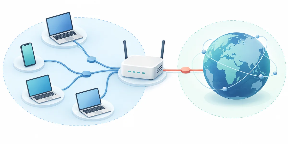 ルーターを境に内部ネットワークの端末とインターネット側のグローバルIPが分かれる概念図