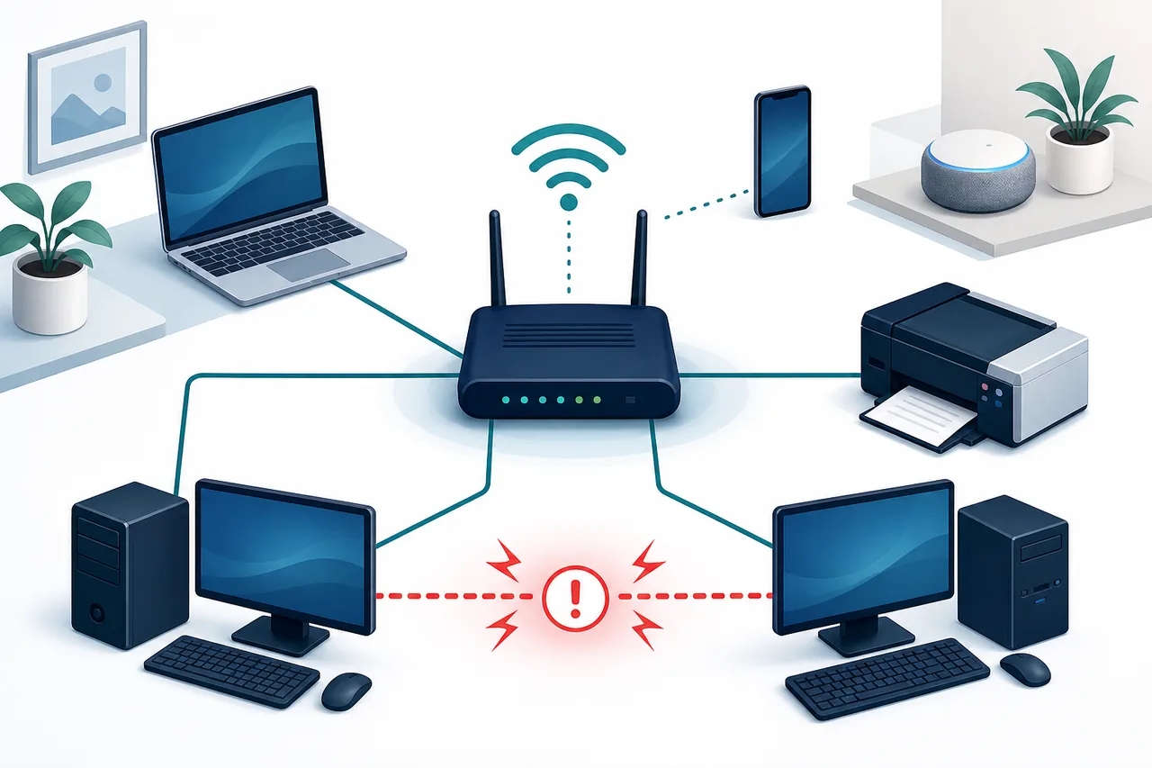 ルーターに接続した2台のパソコンでIPアドレス競合が発生しているネットワーク図
