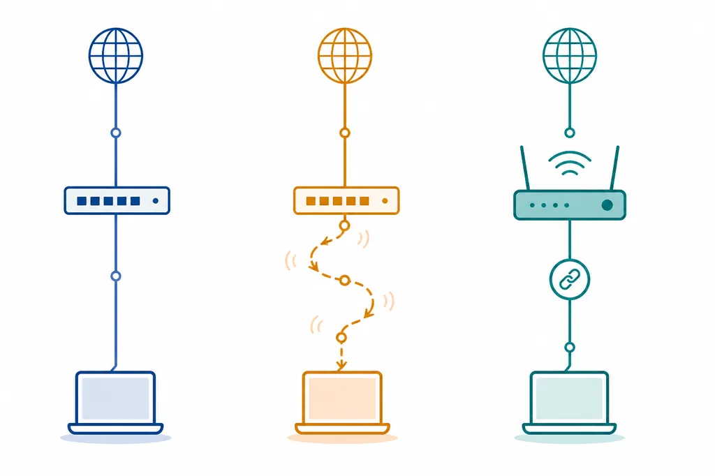 固定IP、動的IP、DHCP予約の違いをネットワーク経路で比較する図