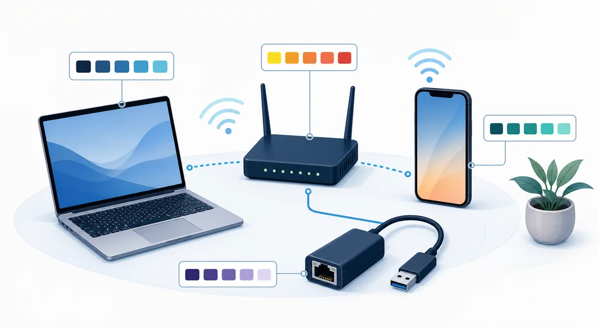 パソコン、スマートフォン、ルーター、LANアダプターのMACアドレスを確認する概念図